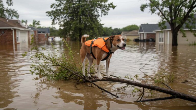 Chien avec un gilet de sauvetage debout sur un tronc d'arbre dans une zone inondée, lors d'une inondation en Espagne