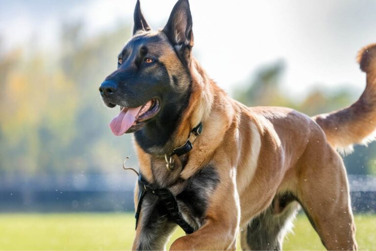 Un Malinois en gros plan avec un regard alerte, capturant sa posture élégante et dynamique. Parfait compagnon pour les activités sportives et la protection