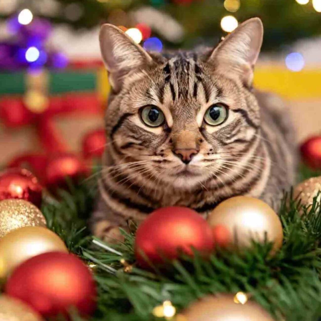 Chat tigré entouré de boules de Noël et décorations festives, illustrant l'esprit de Noël avec les chats