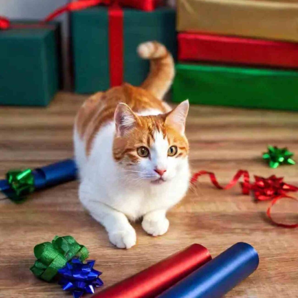 Chat blanc et roux jouant avec des décorations de Noël, entouré de cadeaux colorés.