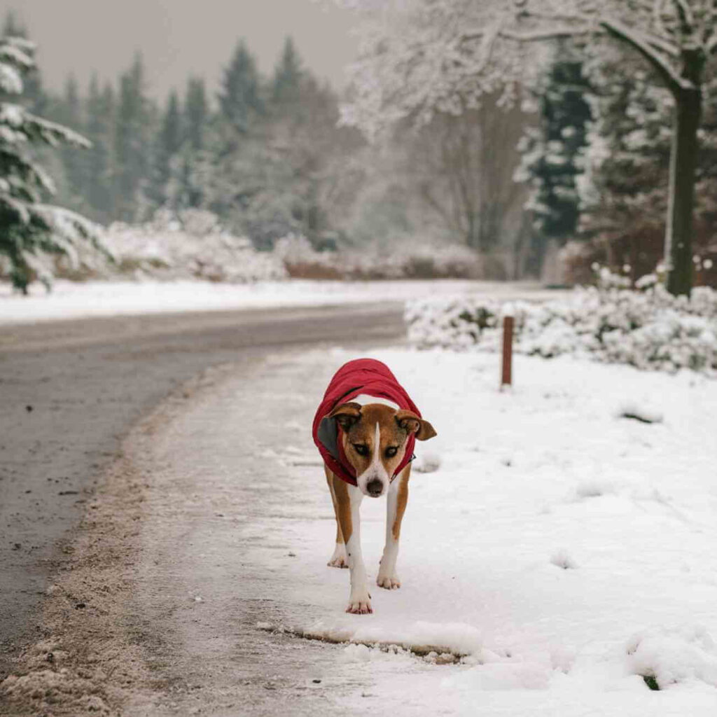 Un chien portant un manteau rouge marche sur une route enneigée, symbolisant la nécessité de protéger les animaux de compagnie pendant les conditions hivernales.