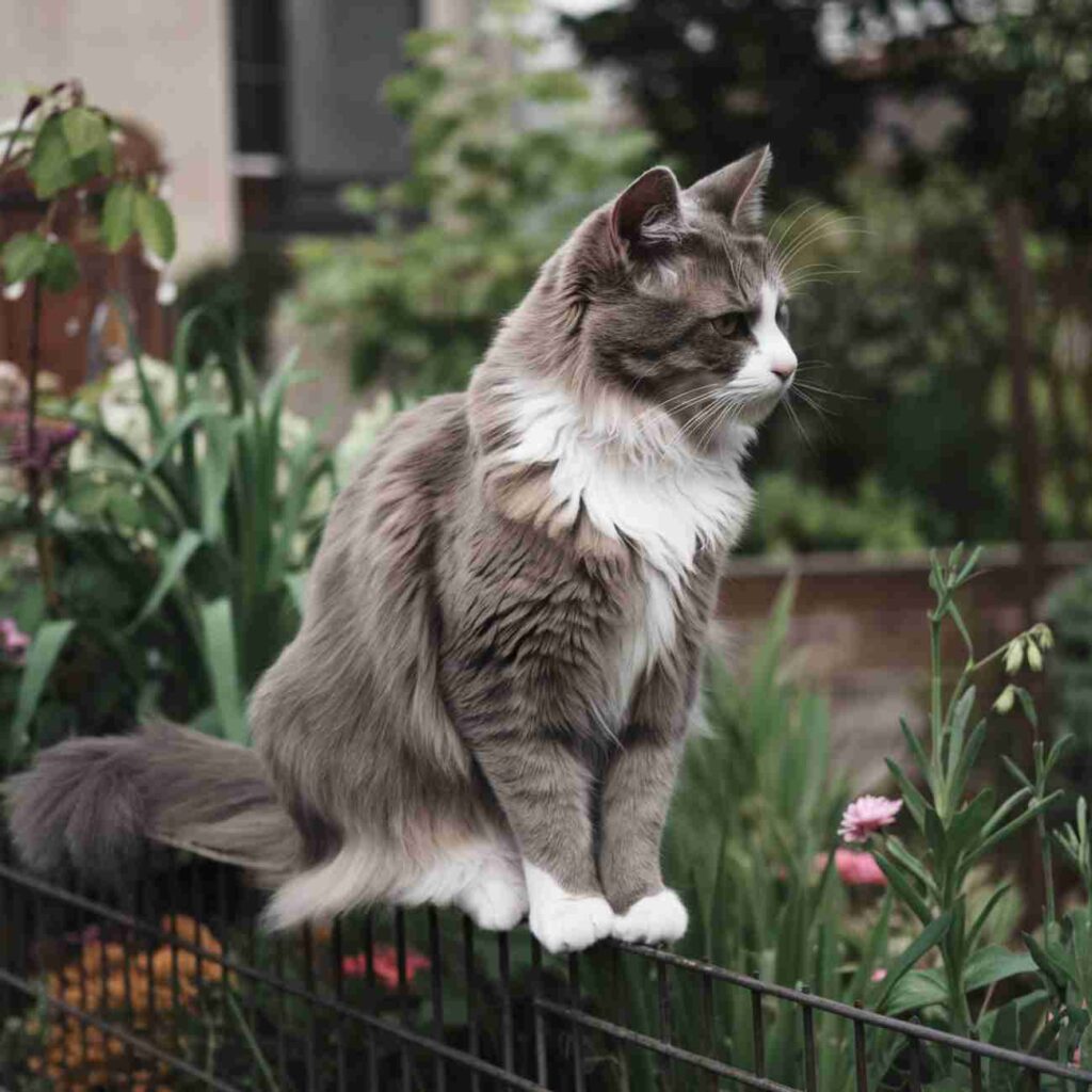 Un chat à poils longs, de couleur grise et blanche, assis dans un jardin, entouré de verdure. Il regarde attentivement au loin