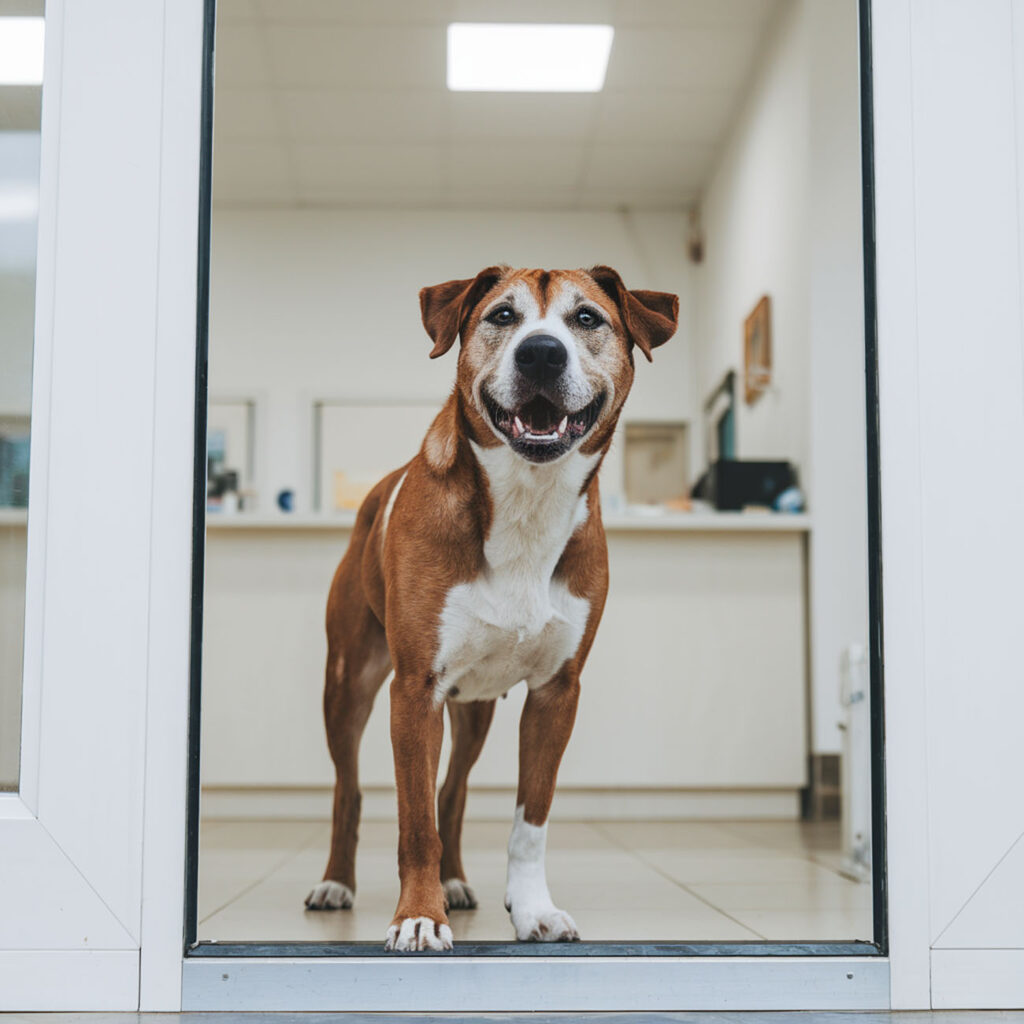 Un chien heureux debout dans une clinique vétérinaire, illustrant la qualité des soins offerts aux animaux de compagnie