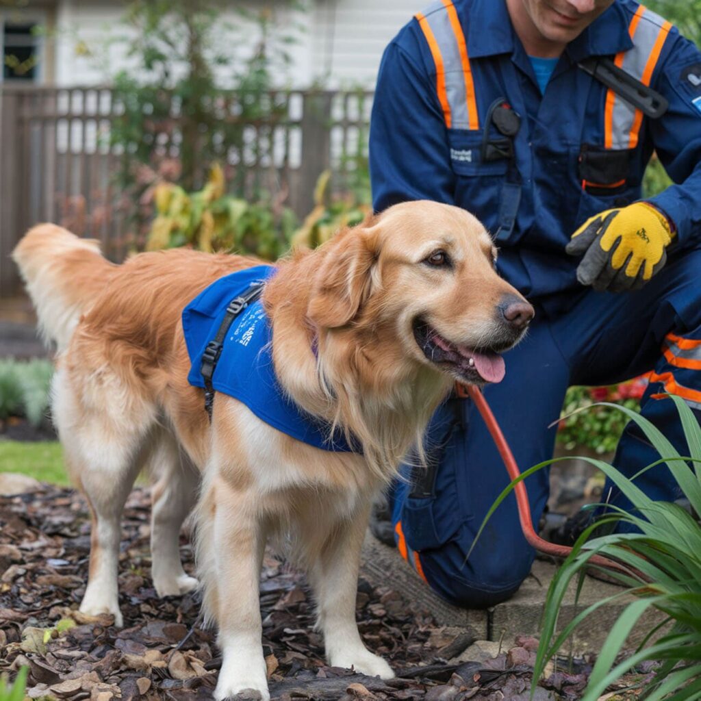 Chien en promenade dans une zone infestée par des fourmis électriques, accompagné de son propriétaire prenant des mesures de précaution