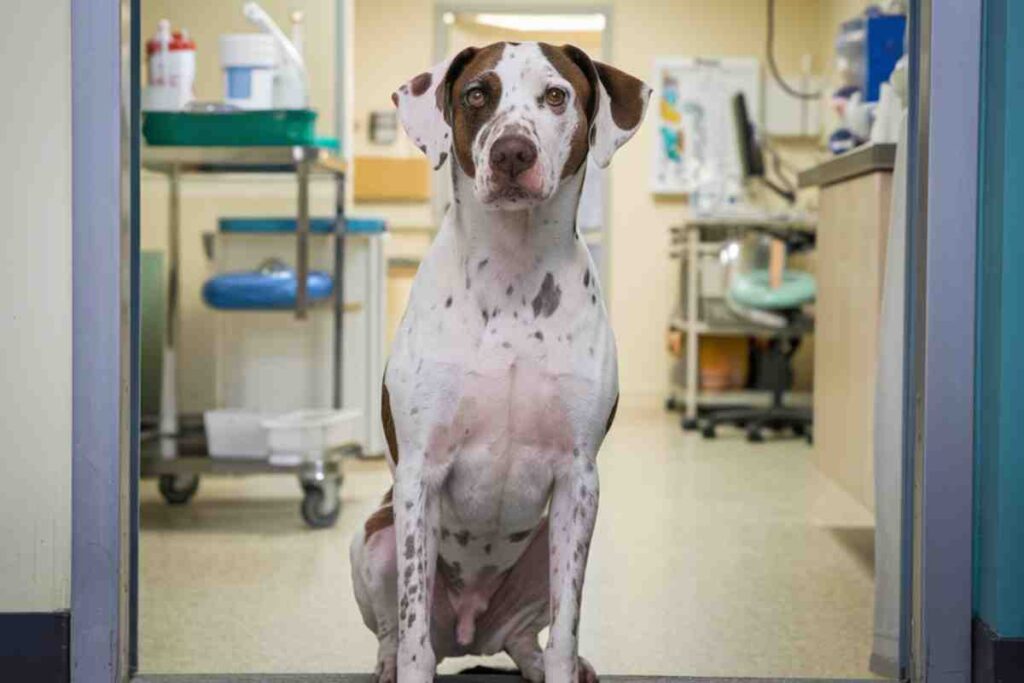 Un chien debout dans une clinique vétérinaire moderne, représentant les soins médicaux pour animaux domestiques