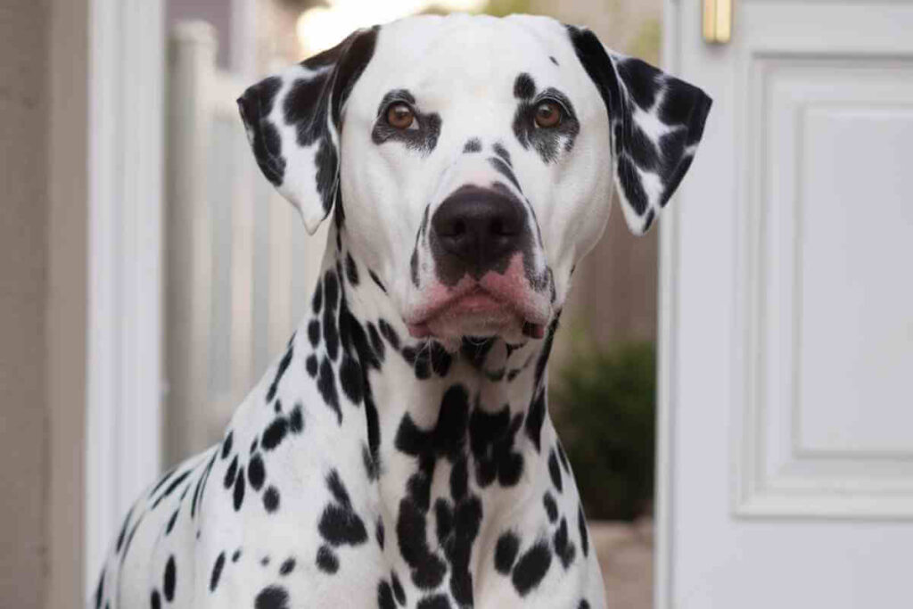 Un Dalmatien avec un regard curieux devant une porte, représentant Tucker, le chien gourmet célèbre pour ses aventures culinaires chez ses voisins